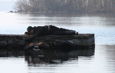 Eoin shows his dedication here as he lies on a frosty pier on a cold morning as we try to re-create the scene from the film Ladyhawke where the hawk flies low over the water! Eoin shows his dedication here as he lies on a frosty pier on a cold morning as we try to re-create the scene from the film Ladyhawke where the hawk flies low over the water!